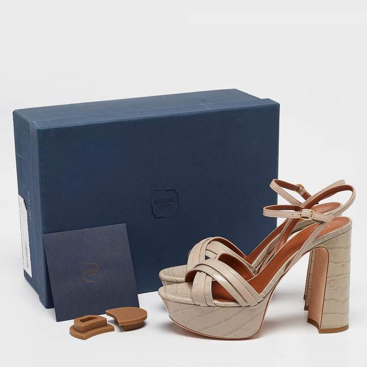 مملوكة مسبقًا Malone Souliers Grey Croc Embossed Leather Mila Platform Sandals Size 39