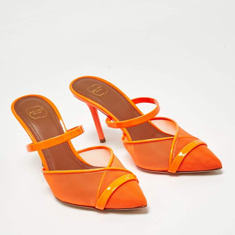 Pre Owned Malone Souliers Orange Mesh and Patent Leather Clio Mules Size 35