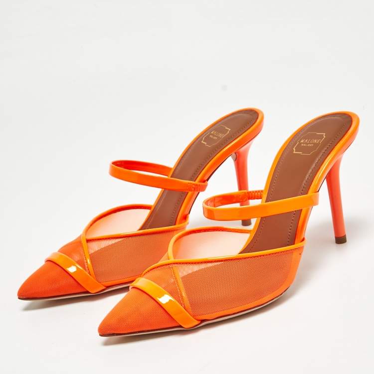 Pre Owned Malone Souliers Orange Mesh and Patent Leather Clio Mules Size 35