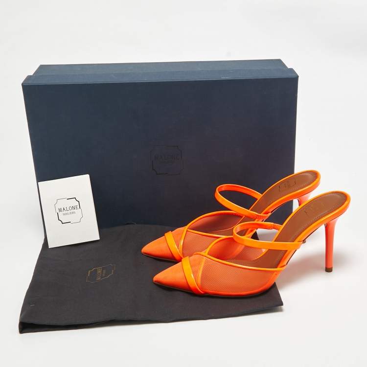 Pre Owned Malone Souliers Orange Mesh and Patent Leather Clio Mules Size 35