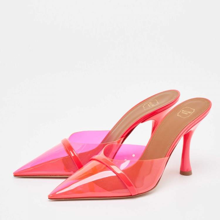 Pre Owned Malone Souliers Neon Pink Patent Leather and PVC Joella Slide Sandals Size 38