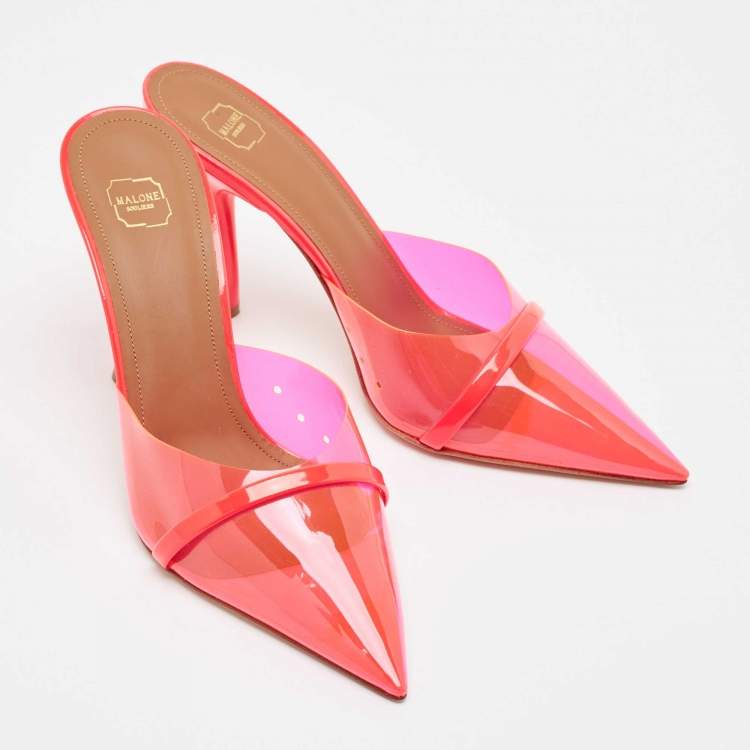 Pre Owned Malone Souliers Neon Pink Patent Leather and PVC Joella Slide Sandals Size 38