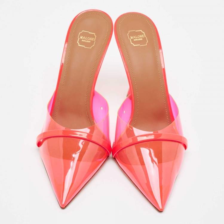 Pre Owned Malone Souliers Neon Pink Patent Leather and PVC Joella Slide Sandals Size 38