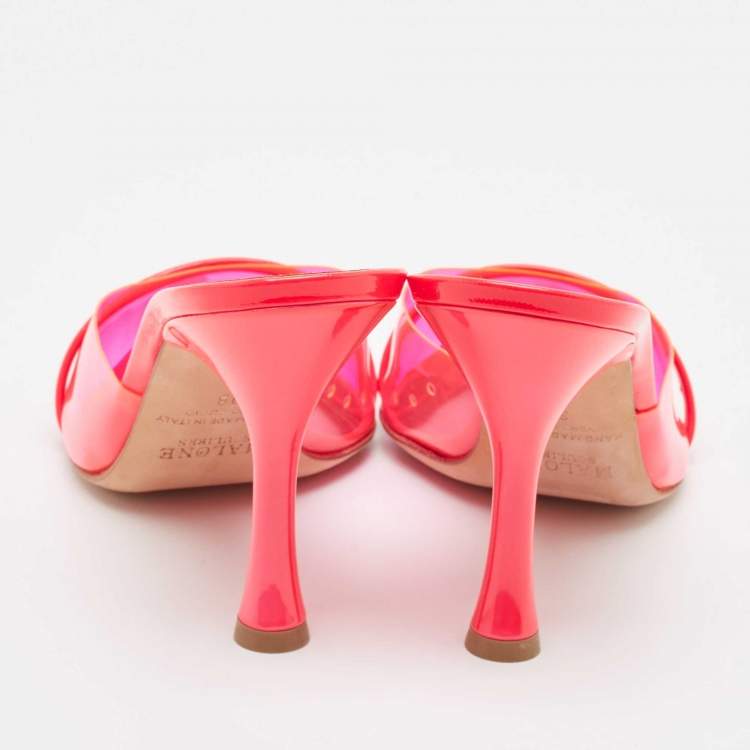 Pre Owned Malone Souliers Neon Pink Patent Leather and PVC Joella Slide Sandals Size 38