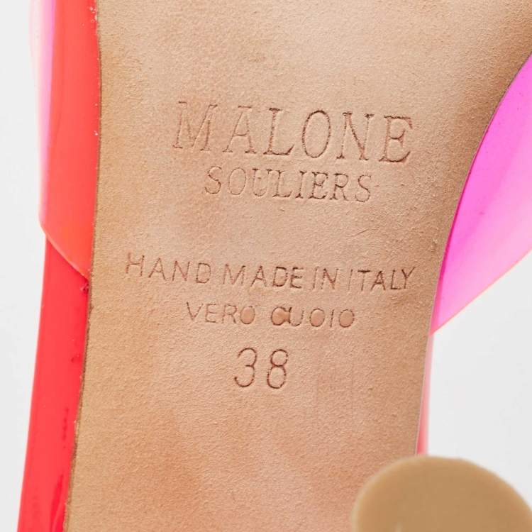 Pre Owned Malone Souliers Neon Pink Patent Leather and PVC Joella Slide Sandals Size 38