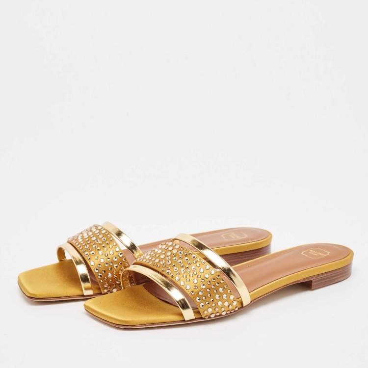 Pre Owned Malone Souliers Gold Leather Satin Rosa Flat Sandals Size 36.5