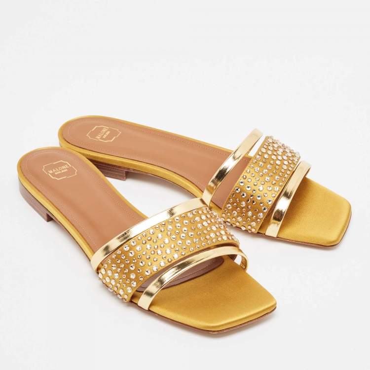 Pre Owned Malone Souliers Gold Leather Satin Rosa Flat Sandals Size 36.5