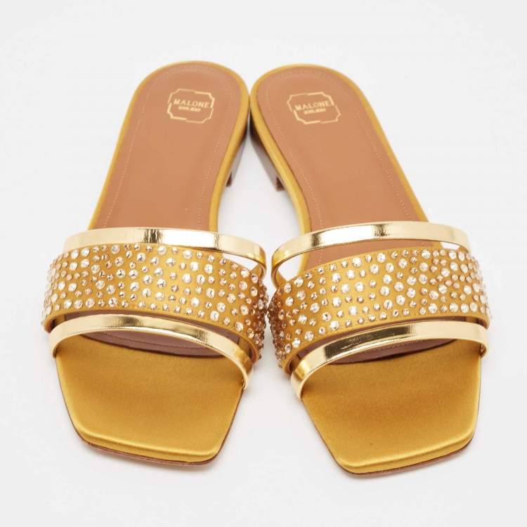 Pre Owned Malone Souliers Gold Leather Satin Rosa Flat Sandals Size 36.5