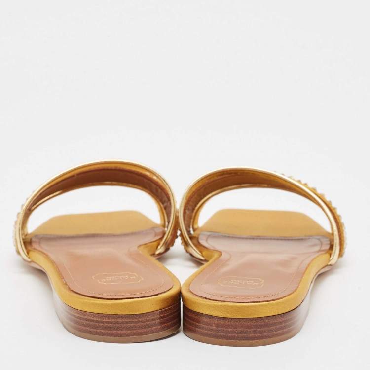 Pre Owned Malone Souliers Gold Leather Satin Rosa Flat Sandals Size 36.5