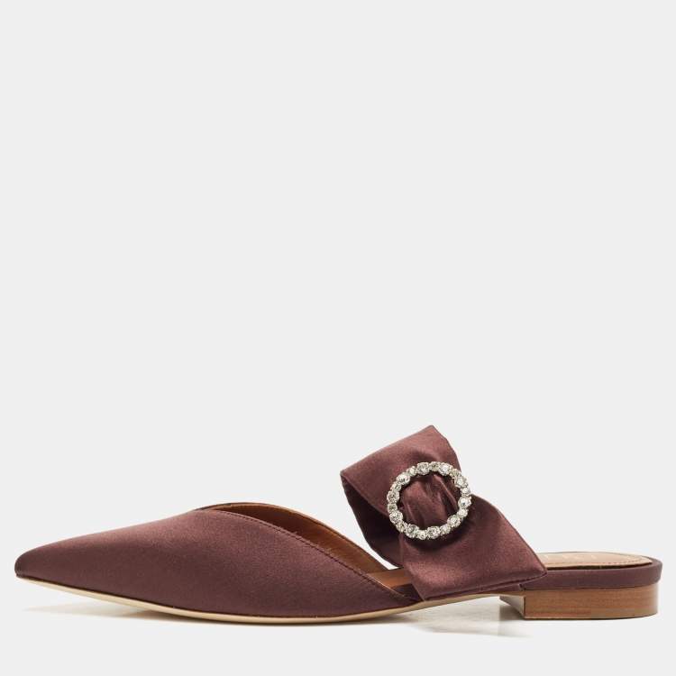 Pre Owned Malone Souliers Brown Satin Maite Crystal Buckle Flats Size 40