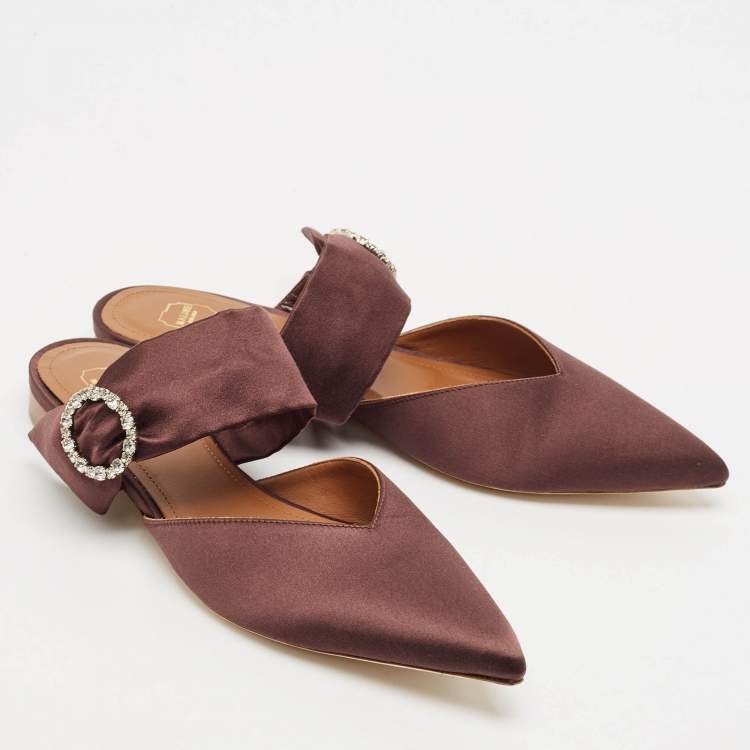 Pre Owned Malone Souliers Brown Satin Maite Crystal Buckle Flats Size 40