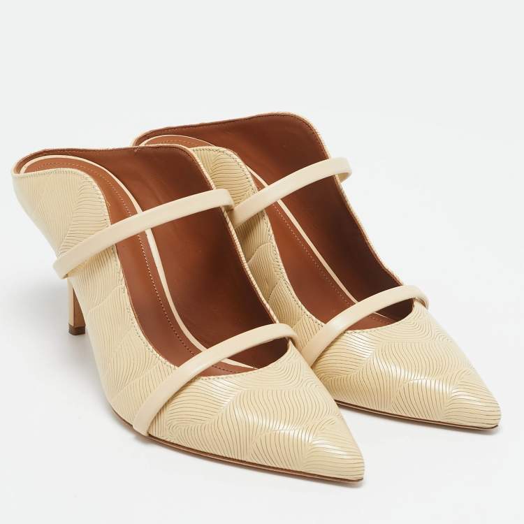 Pre Owned Malone Souliers Cream Textured Leather Maureen Mules Size 37.5