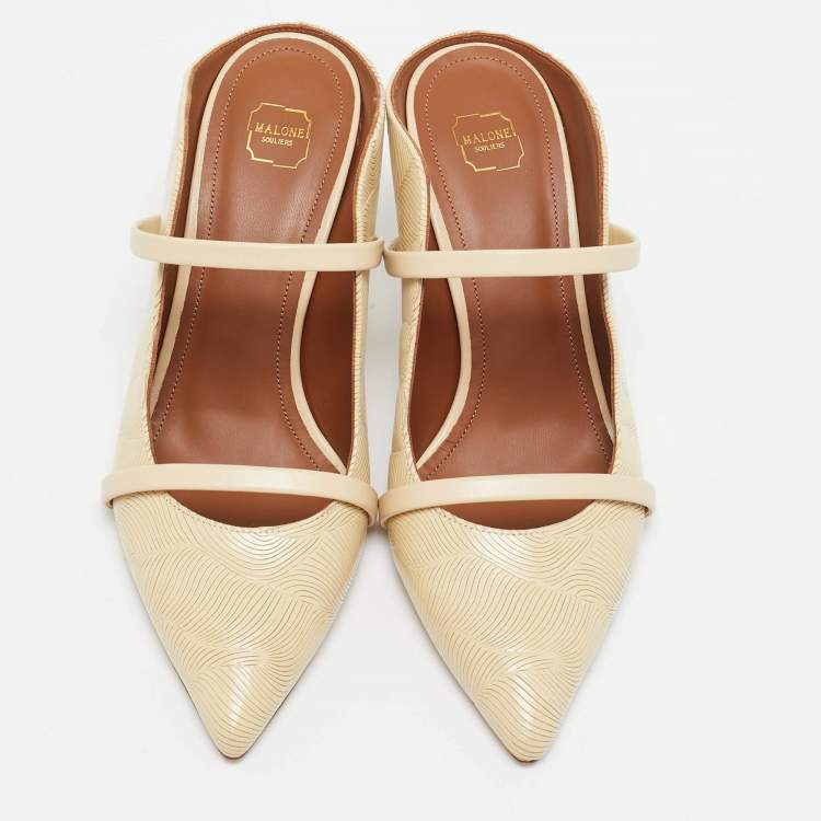 Pre Owned Malone Souliers Cream Textured Leather Maureen Mules Size 37.5