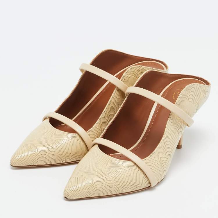 Pre Owned Malone Souliers Cream Textured Leather Maureen Mules Size 37.5