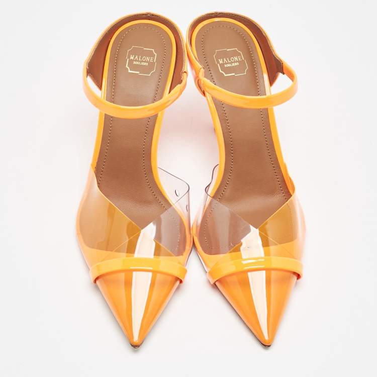 Pre Owned Malone Souliers Neon Orange PVC and Patent Leather Iona Mules Size 36