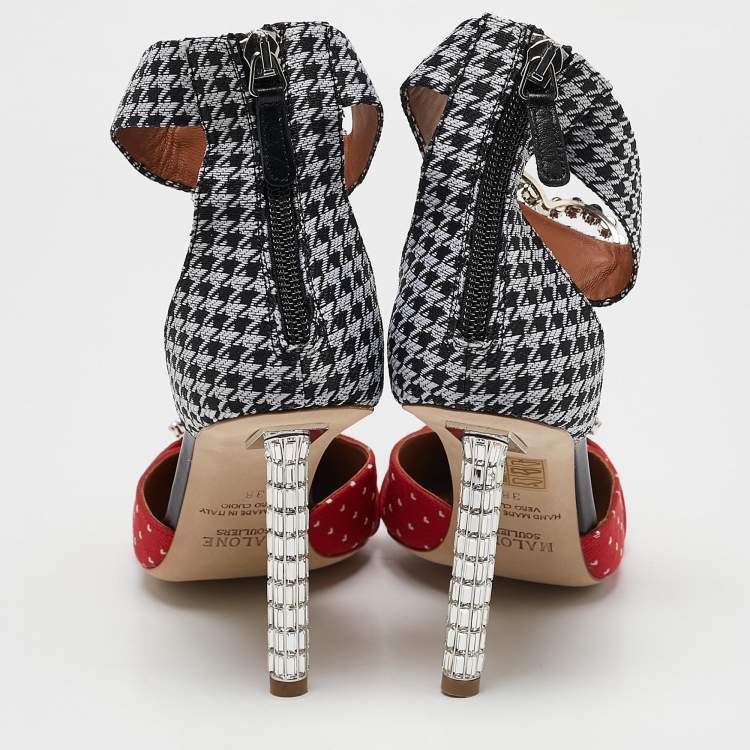 Pre Owned Malone Souliers Red/Black Canvas Camille Ankle Strap Pumps Size 38