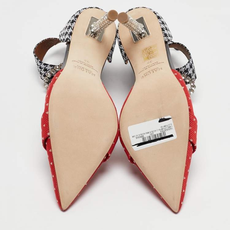 Pre Owned Malone Souliers Red/Black Canvas Camille Ankle Strap Pumps Size 38
