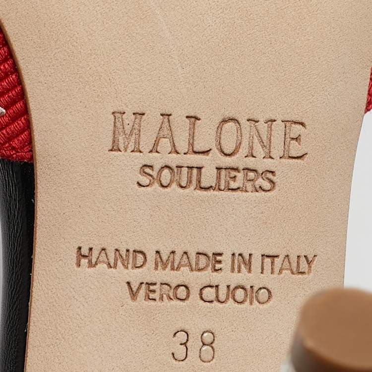 Pre Owned Malone Souliers Red/Black Canvas Camille Ankle Strap Pumps Size 38