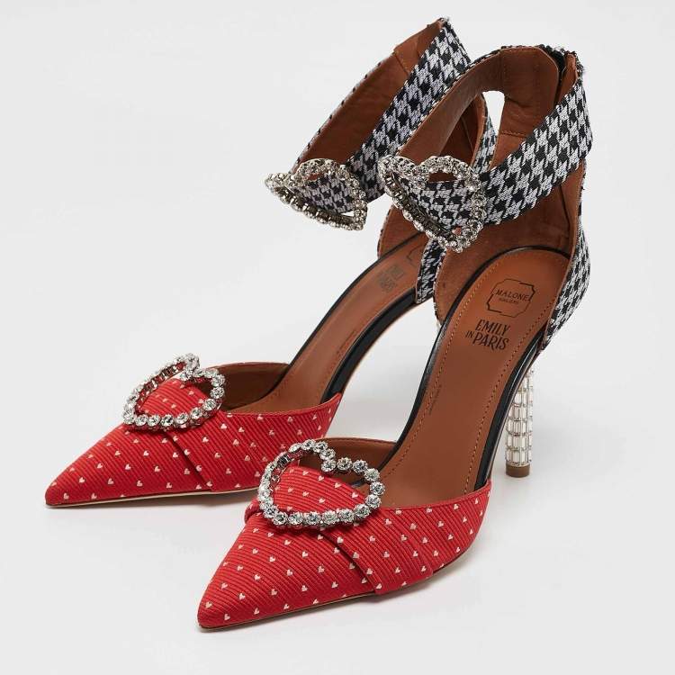 Pre Owned Malone Souliers Red/Black Canvas Camille Ankle Strap Pumps Size 38