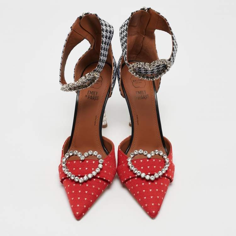 Pre Owned Malone Souliers Red/Black Canvas Camille Ankle Strap Pumps Size 38