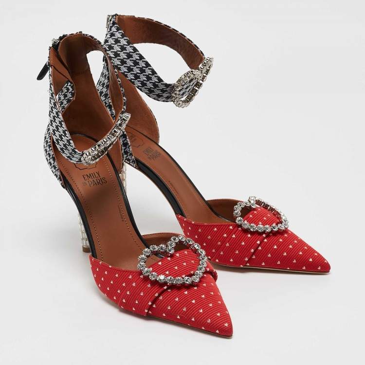 Pre Owned Malone Souliers Red/Black Canvas Camille Ankle Strap Pumps Size 38
