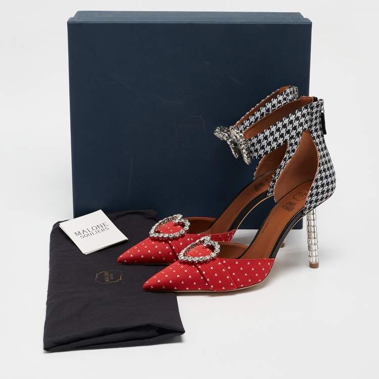 Pre Owned Malone Souliers Red/Black Canvas Camille Ankle Strap Pumps Size 39