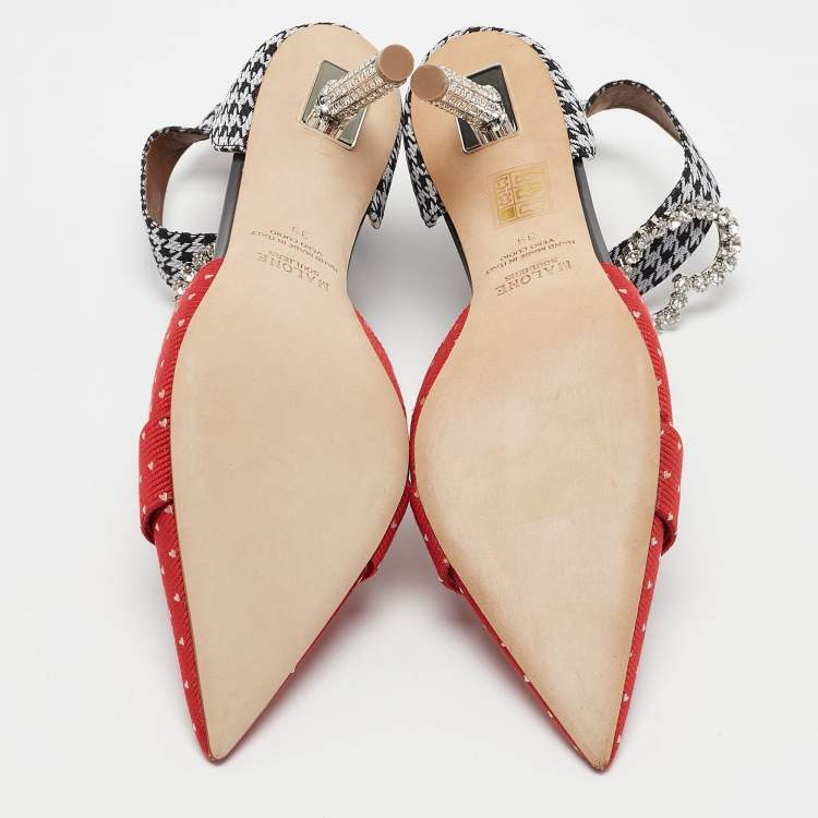 Pre Owned Malone Souliers Red/Black Canvas Camille Ankle Strap Pumps Size 39