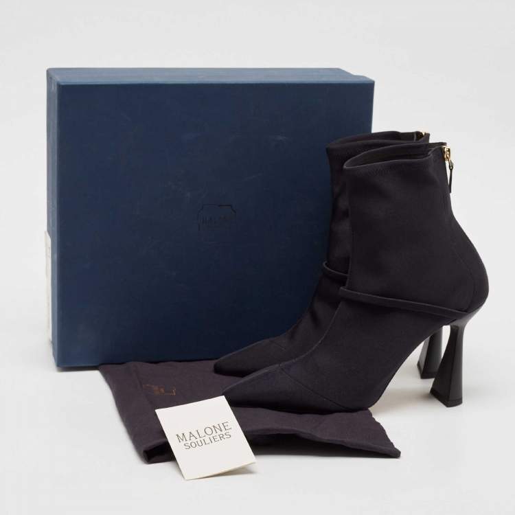 Pre Owned Malone Souliers Navy Blue Stretch Fabric Oliana Ankle Length Boots Size 39.5