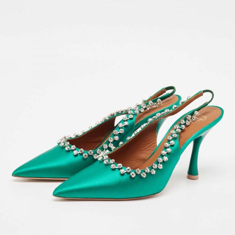 مملوكة مسبقًا Malone Souliers Green Satin Giselle Slingback Pumps Size 40.5