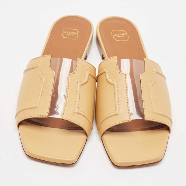 Pre Owned Malone Souliers Beige Leather and PVC Flat Slide Sandals Size 39.5