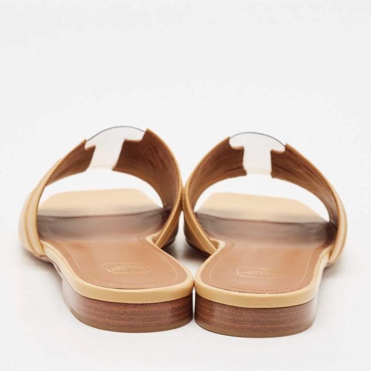 Pre Owned Malone Souliers Beige Leather and PVC Flat Slide Sandals Size 39.5