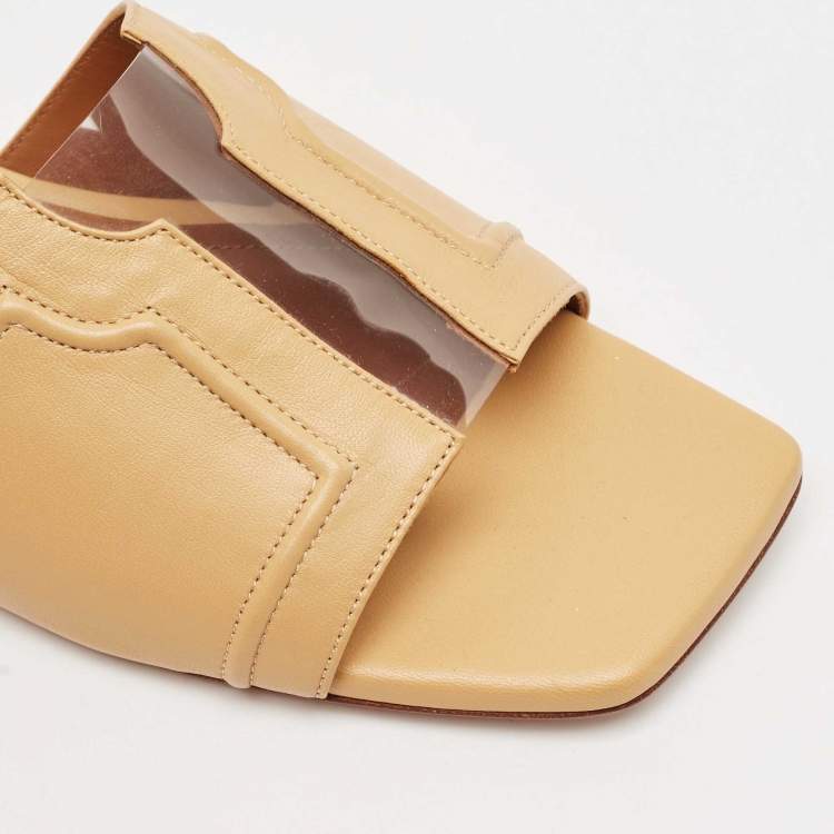 Pre Owned Malone Souliers Beige Leather and PVC Flat Slide Sandals Size 39.5