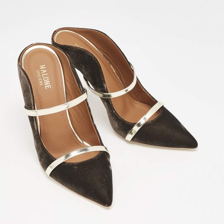 Pre Owned Malone Souliers Brown/Gold Velvet and Leather Maureen Mules Size 40