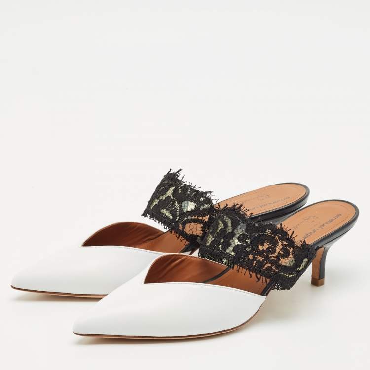 Pre Owned Malone Souliers x Emanuel Ungaro White/Black Lace and Leather Maisie Mules Size 36