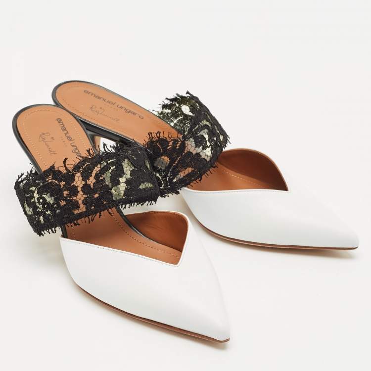 Pre Owned Malone Souliers x Emanuel Ungaro White/Black Lace and Leather Maisie Mules Size 36