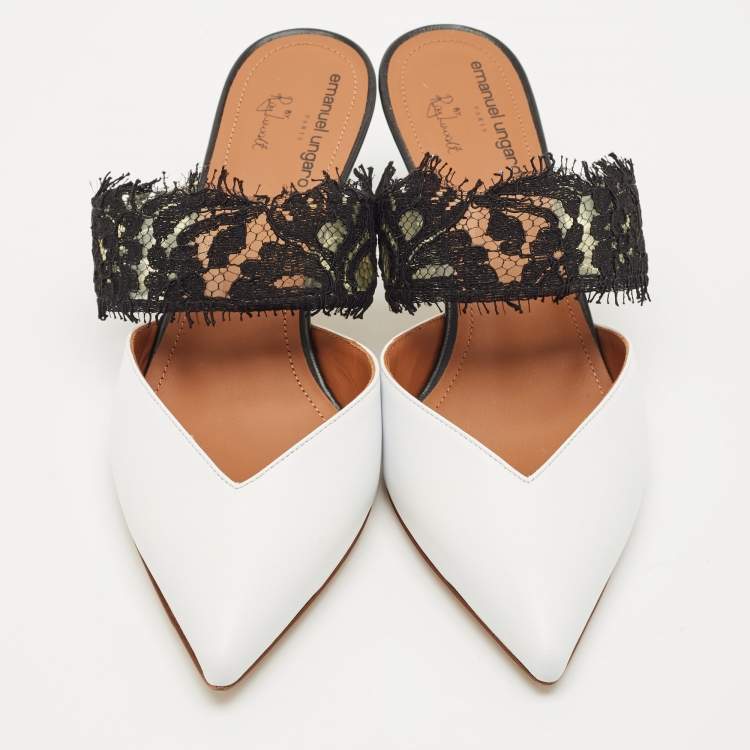 Pre Owned Malone Souliers x Emanuel Ungaro White/Black Lace and Leather Maisie Mules Size 36