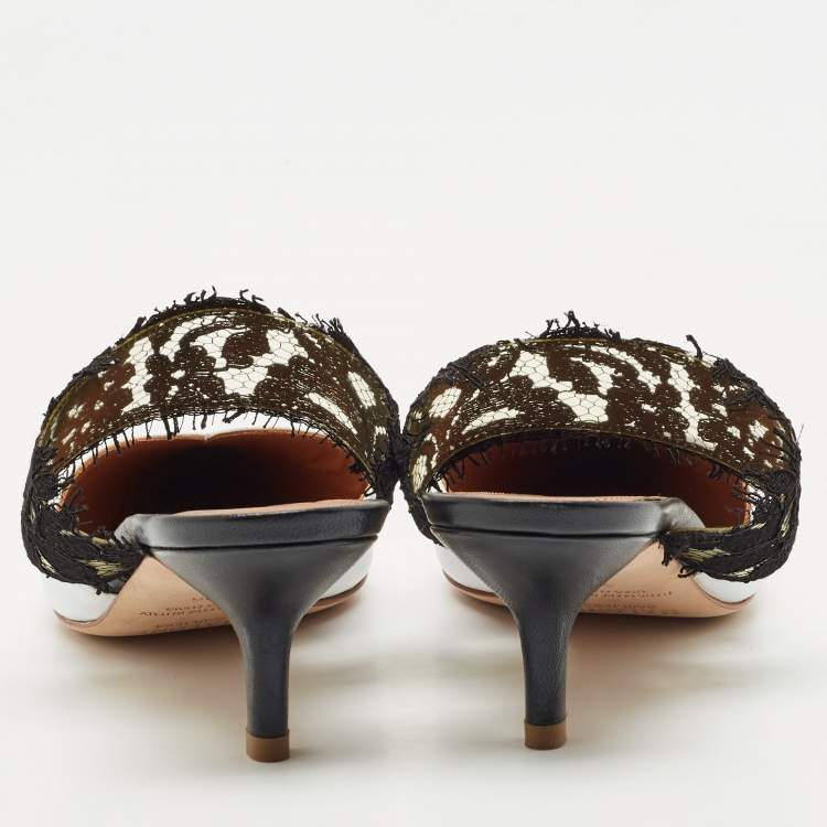 Pre Owned Malone Souliers x Emanuel Ungaro White/Black Lace and Leather Maisie Mules Size 36