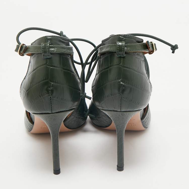 Pre Owned Malone Souliers Green Croc Embossed Leather Montana Pumps Size 37.5