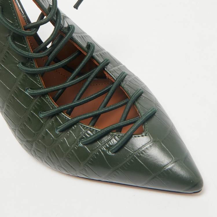 Pre Owned Malone Souliers Green Croc Embossed Leather Montana Pumps Size 37.5