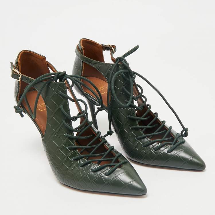 Pre Owned Malone Souliers Green Croc Embossed Leather Montana Pumps Size 37.5