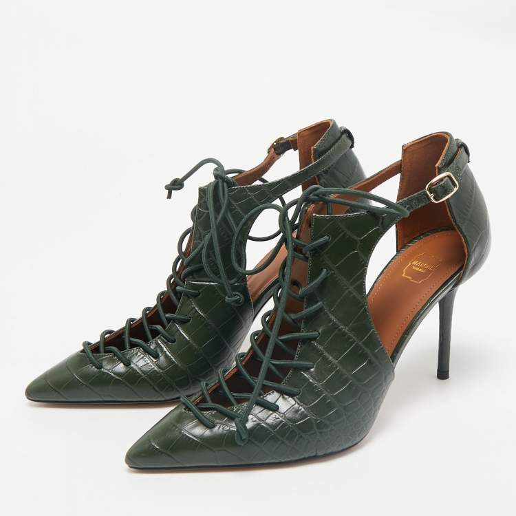 Pre Owned Malone Souliers Green Croc Embossed Leather Montana Pumps Size 37.5