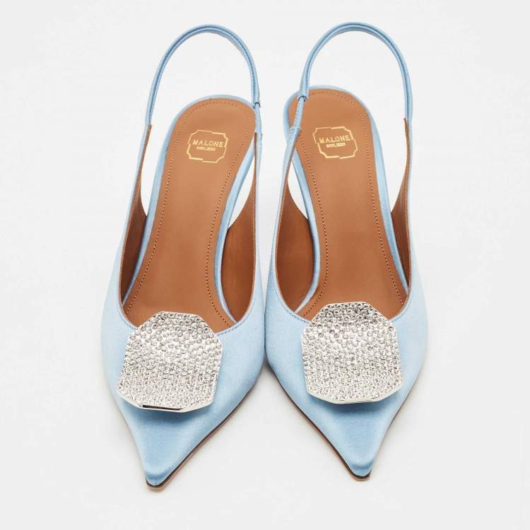 Pre Owned Malone Souliers Light Blue Satin Vilma Crystals Slingback Pumps Size 36