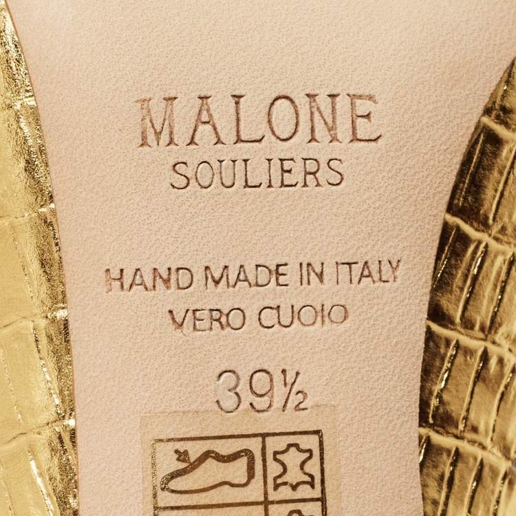 Pre Owned Malone Souliers Gold Croc Embossed Patent Leather Rina Pumps Size 39.5