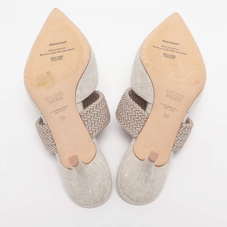 Pre Owned Malone Souliers Grey Canvas And Woven Fabric Maisie Mules Size 36