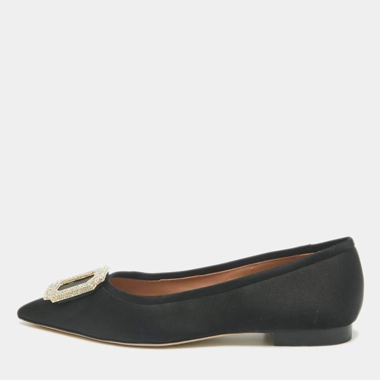 Pre Owned Malone Souliers Black Satin Lina Ballet Flats Size 37