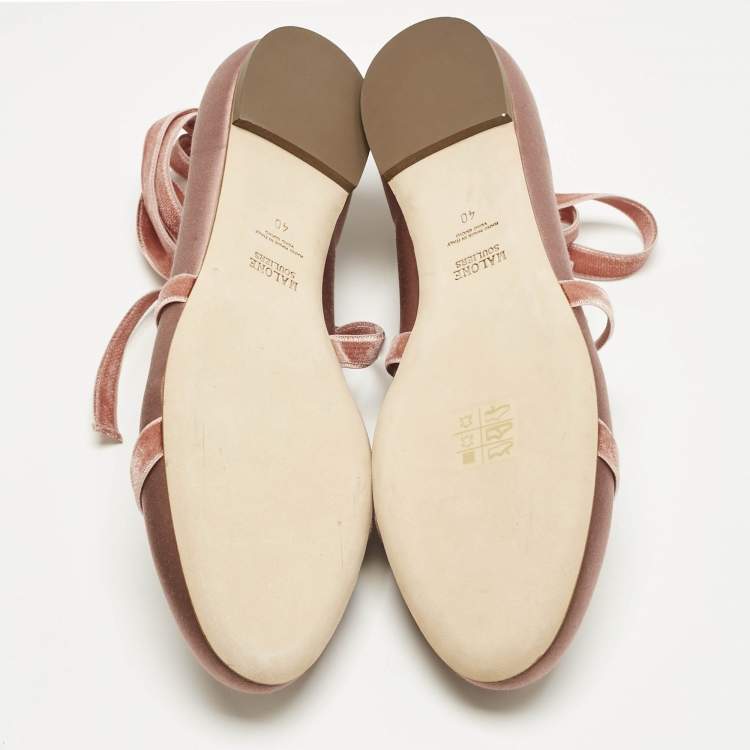 Pre Owned Malone Souliers Pink Satin And Velvet Spencer Ankle Wrap Ballet Flats Size 40