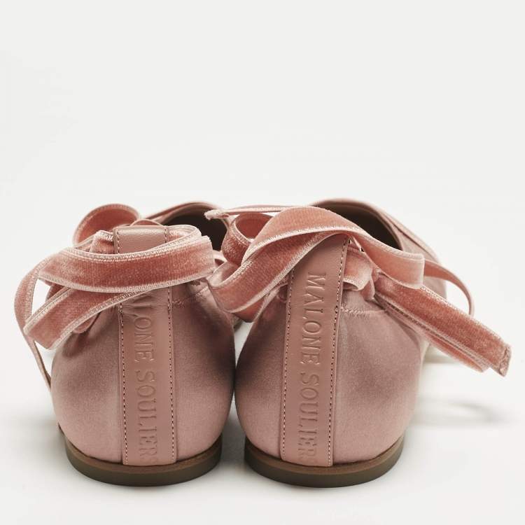 Pre Owned Malone Souliers Pink Satin And Velvet Spencer Ankle Wrap Ballet Flats Size 40