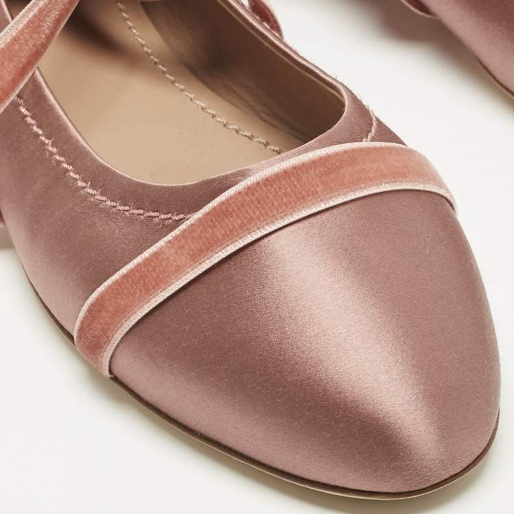 Pre Owned Malone Souliers Pink Satin And Velvet Spencer Ankle Wrap Ballet Flats Size 40