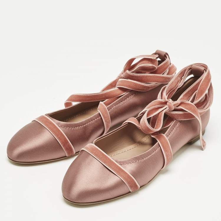 Pre Owned Malone Souliers Pink Satin And Velvet Spencer Ankle Wrap Ballet Flats Size 40