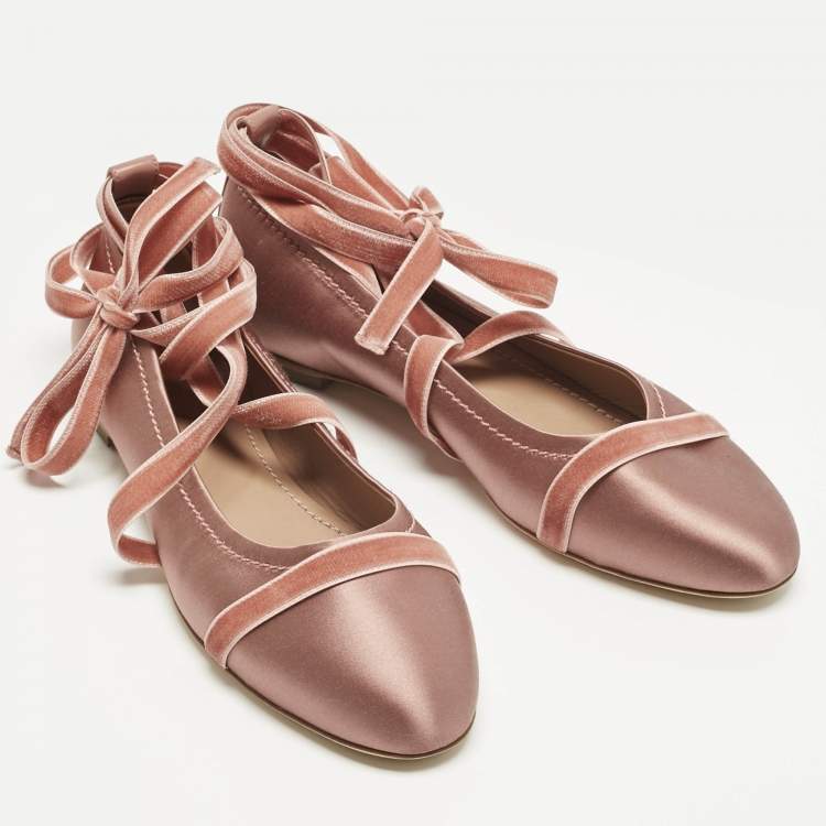 Pre Owned Malone Souliers Pink Satin And Velvet Spencer Ankle Wrap Ballet Flats Size 40